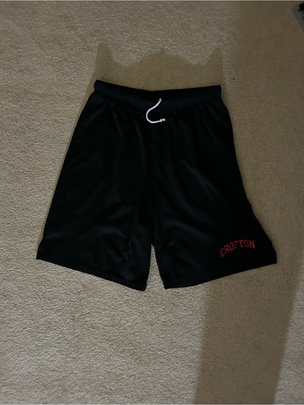 Crofton Black Athletic Shorts with Red Logo and white drawstring